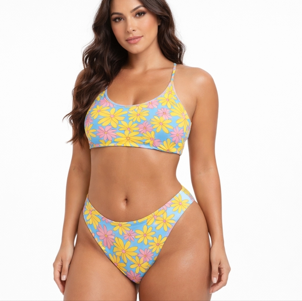 SHEIN Floral Bikini Set Daisy Print  3XL Size Blue Pink Yellow Y2K